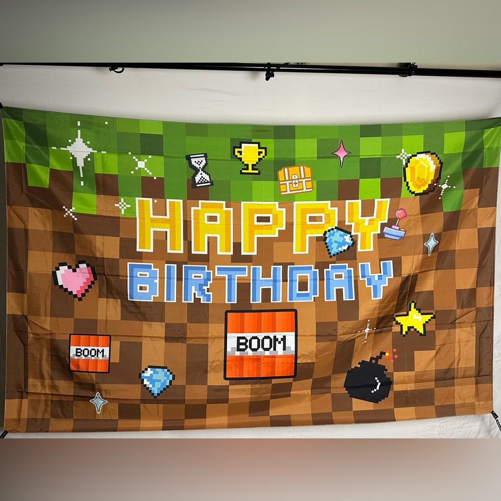 Pixel Miner Minecraft Happy Birthday Backdrop Tapestry 5x3Ft.